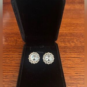 Gold Tone Halo Crystal Stud Earrings | Large Clear Rhinestone Statement Earrings